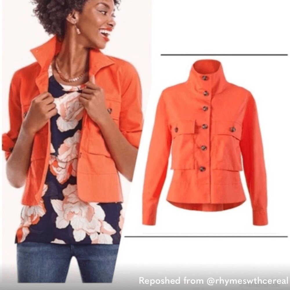 Cabi Tiger Lily Orange Cropped Cotton Swing Resort Button Up Jacket